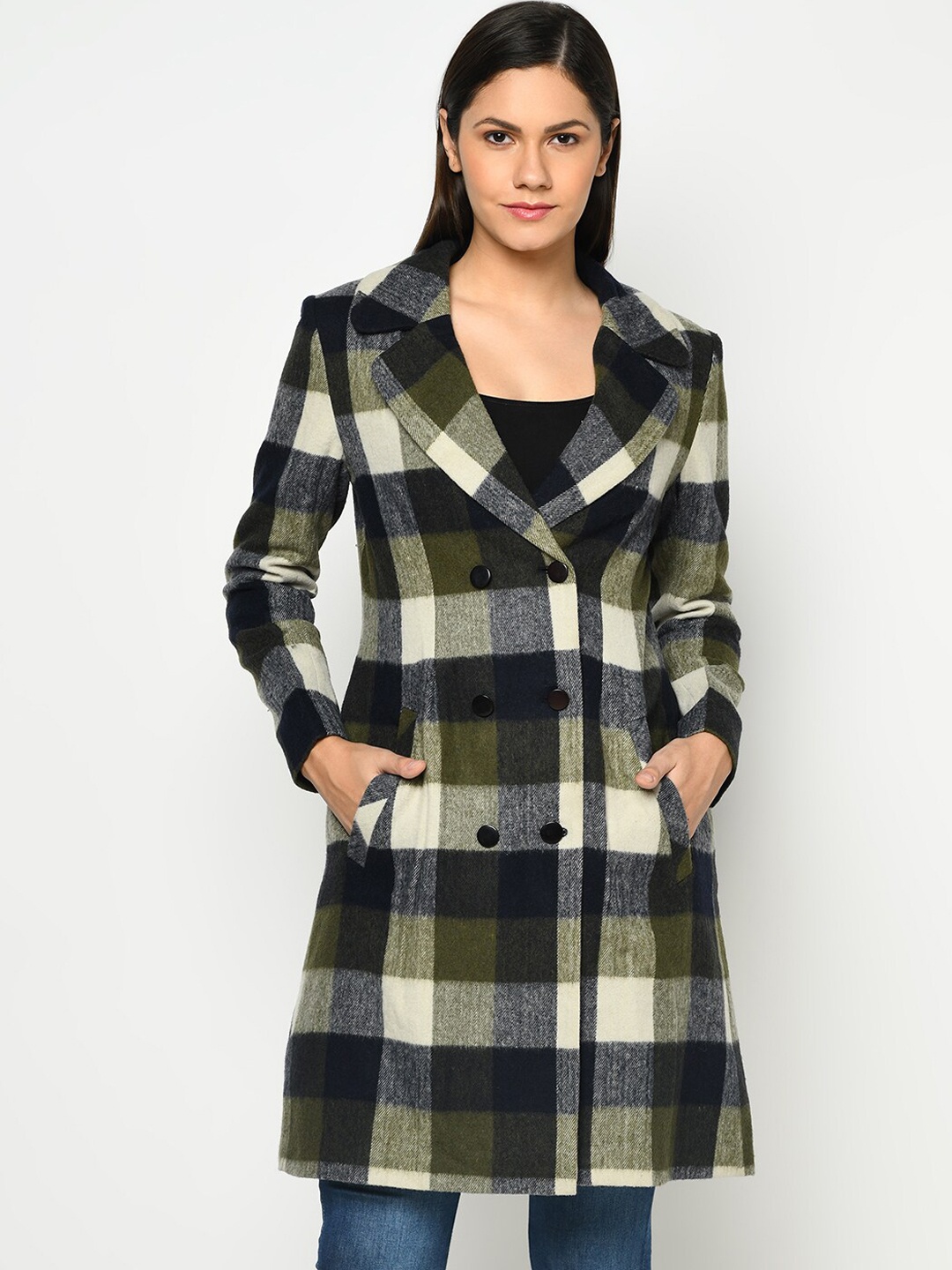 

Owncraft Women Olive-Green & Blue Checked Double-Breasted Wool Coat