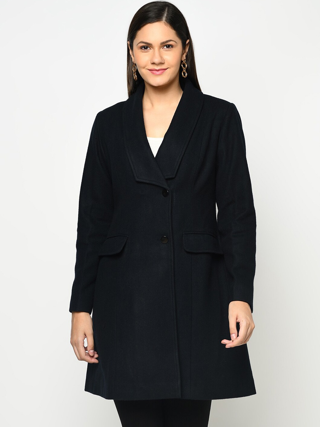 

Owncraft Women Navy Blue Solid Woolen Overcoat