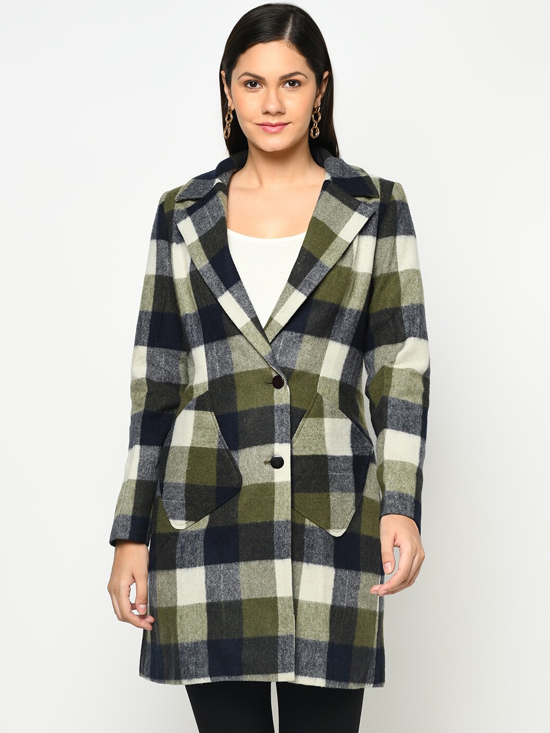 

Owncraft Women Olive Green & Navy Blue Checked Woolen Overcoat