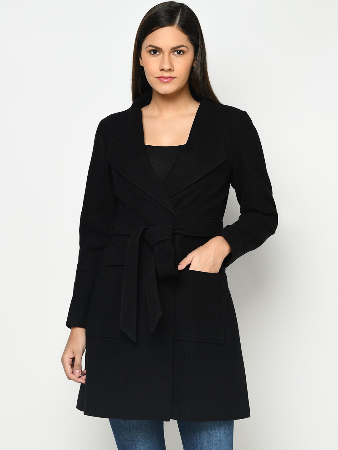 

Owncraft Women Black Solid Single-Breasted Woolen Overcoat