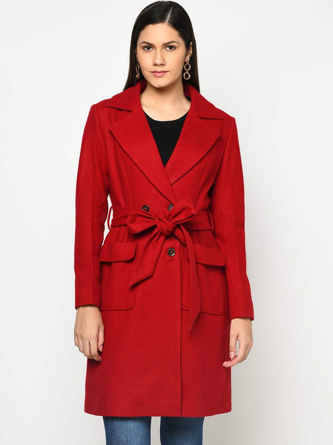 

Owncraft Women Red Solid Woolen Overcoat With Belt