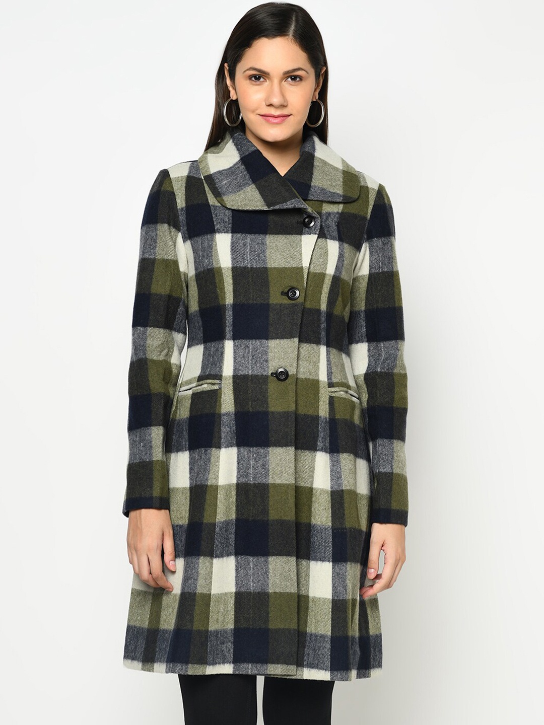 

Owncraft Women Olive-Green & Grey Checked Woolen Overcoat