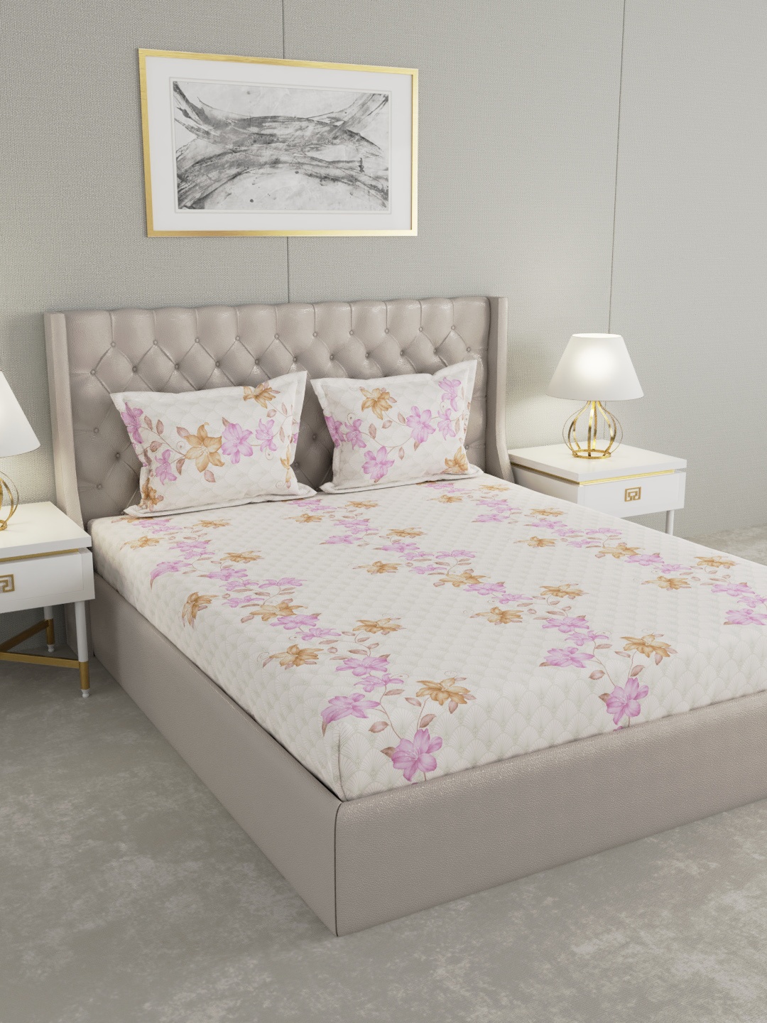 

Raymond Home White & Purple Floral 140 TC King Bedsheet with 2 Pillow Covers