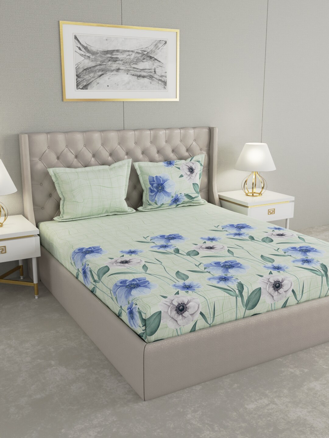 

Raymond Home Green & Blue Floral 140 TC King Bedsheet with 2 Pillow Covers