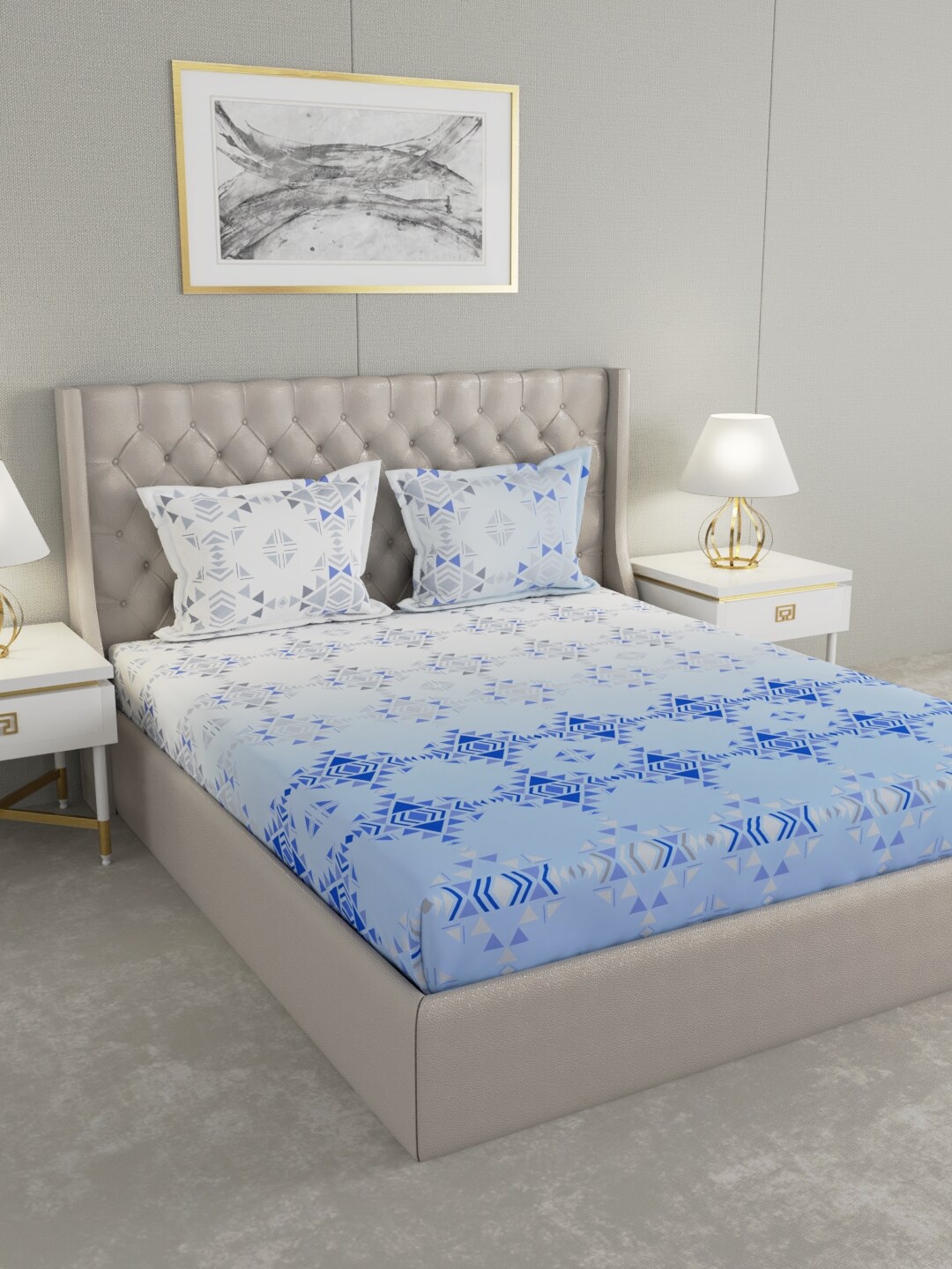 

Raymond Home Blue & White Geometric 140 TC King Bedsheet with 2 Pillow Covers