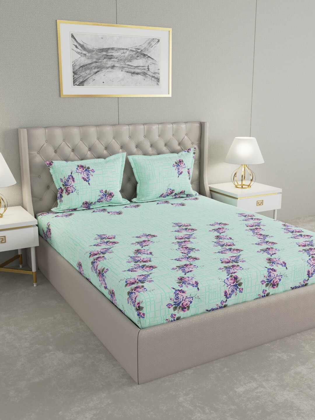 

Raymond Home Sea Green & Lavender Floral 140 TC King Bedsheet with 2 Pillow Covers