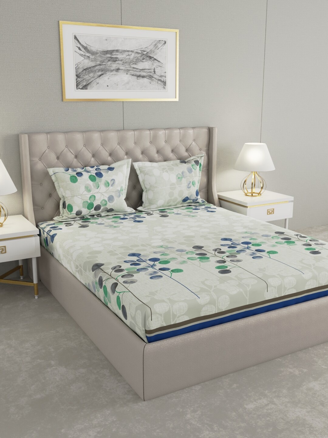 

Raymond Home White & Green Floral 140 TC King Bedsheet with 2 Pillow Covers