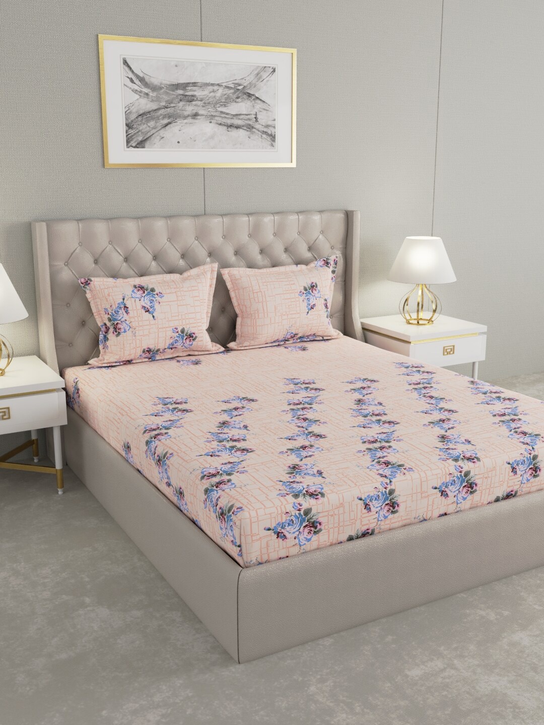 

Raymond Home Peach-Coloured & Blue Floral 140 TC King Bedsheet with 2 Pillow Covers
