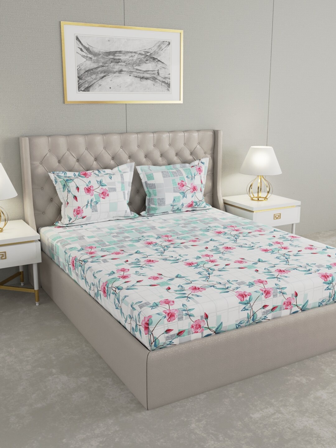 

Raymond Home White & Green Floral 140 TC Cotton King Bedsheet with 2 Pillow Covers