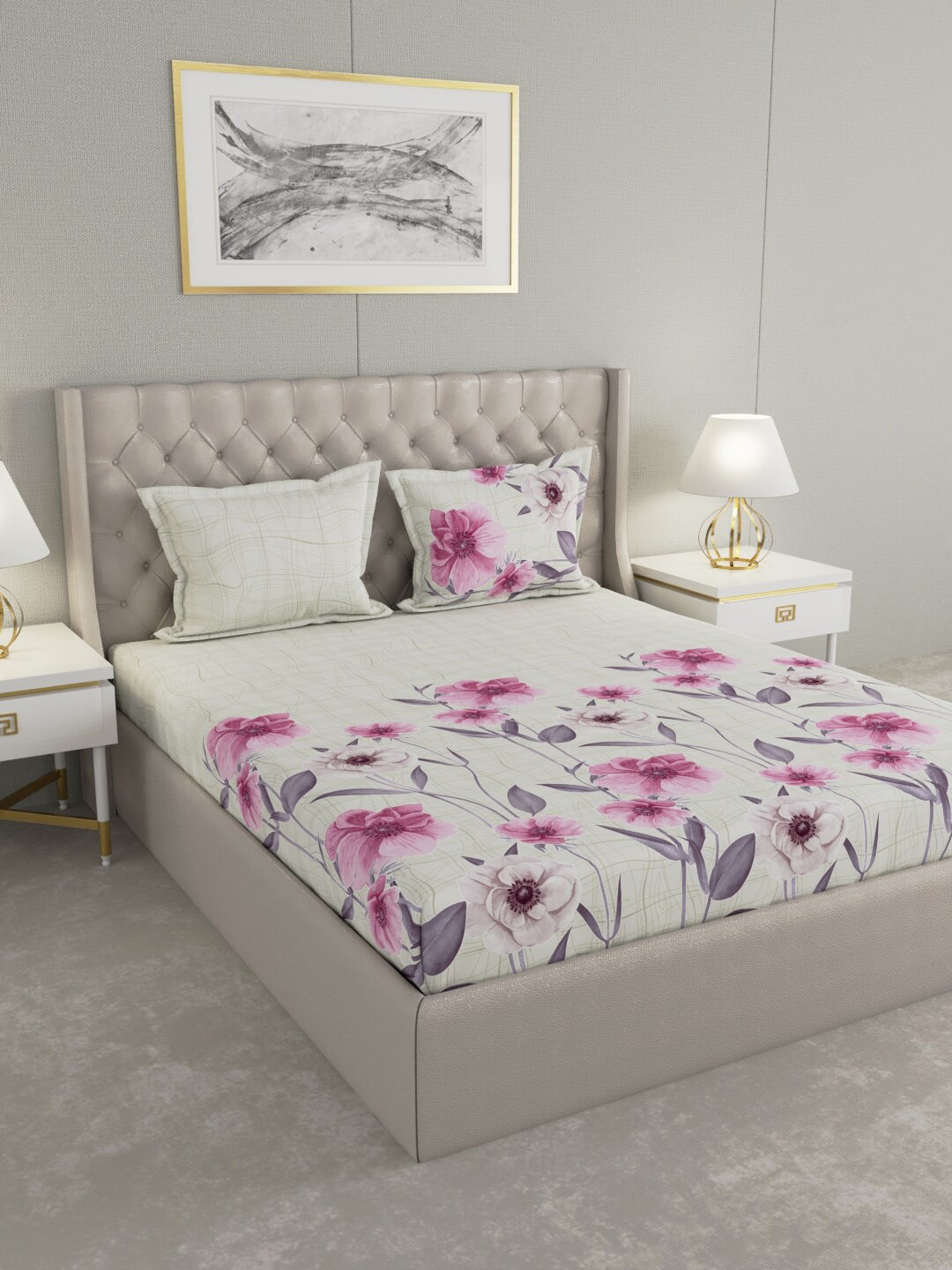 

Raymond Home Off White & Pink Floral 140 TC King Bedsheet with 2 Pillow Covers
