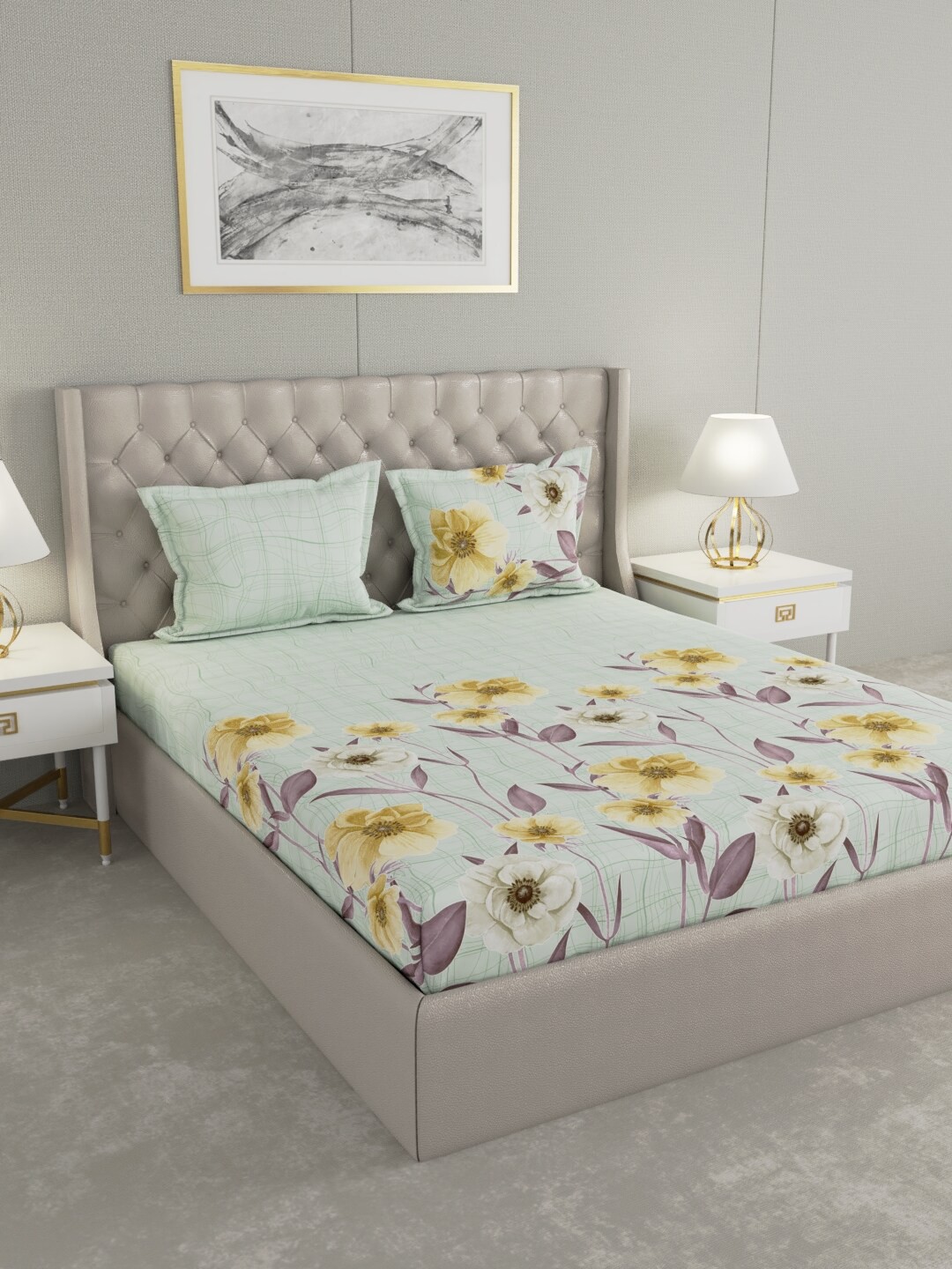 

Raymond Home Green & Grey Floral 140 TC King Bedsheet with 2 Pillow Covers