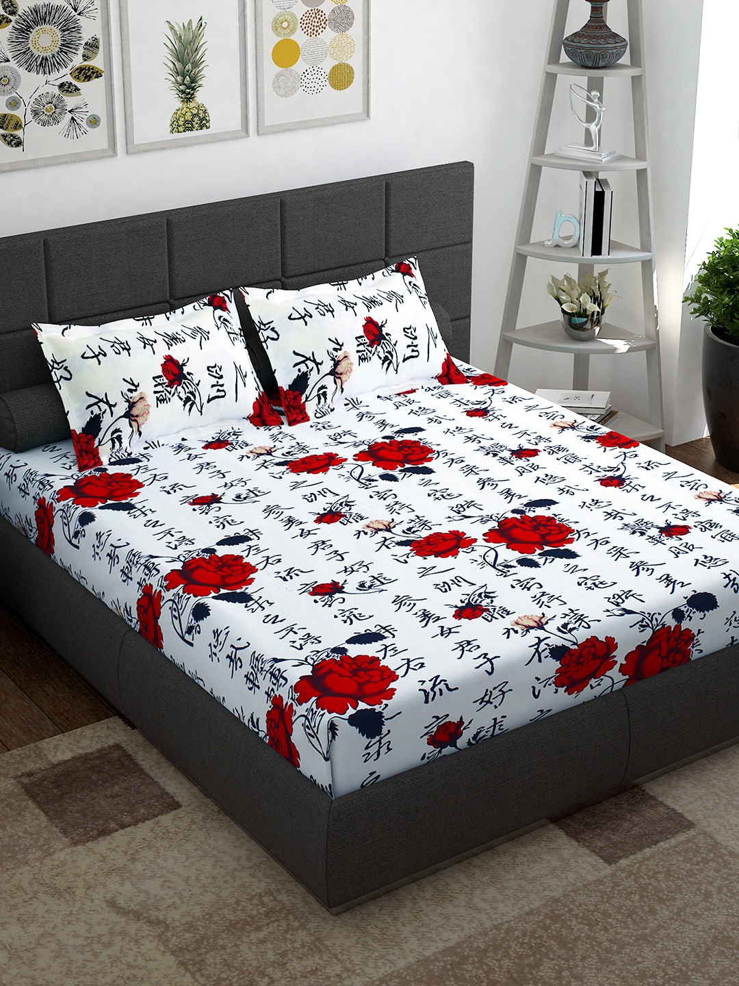

Story@home White & Red Floral 152 TC Queen Bedsheet with 2 Pillow Covers