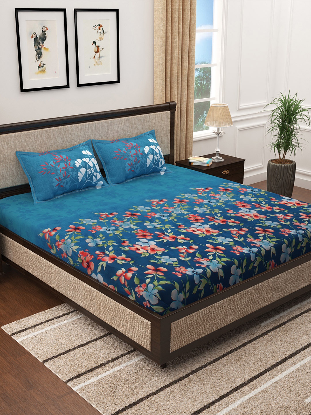 

Story@home Blue & Peach-Coloured Floral 300 TC King Bedsheet with 2 Pillow Covers