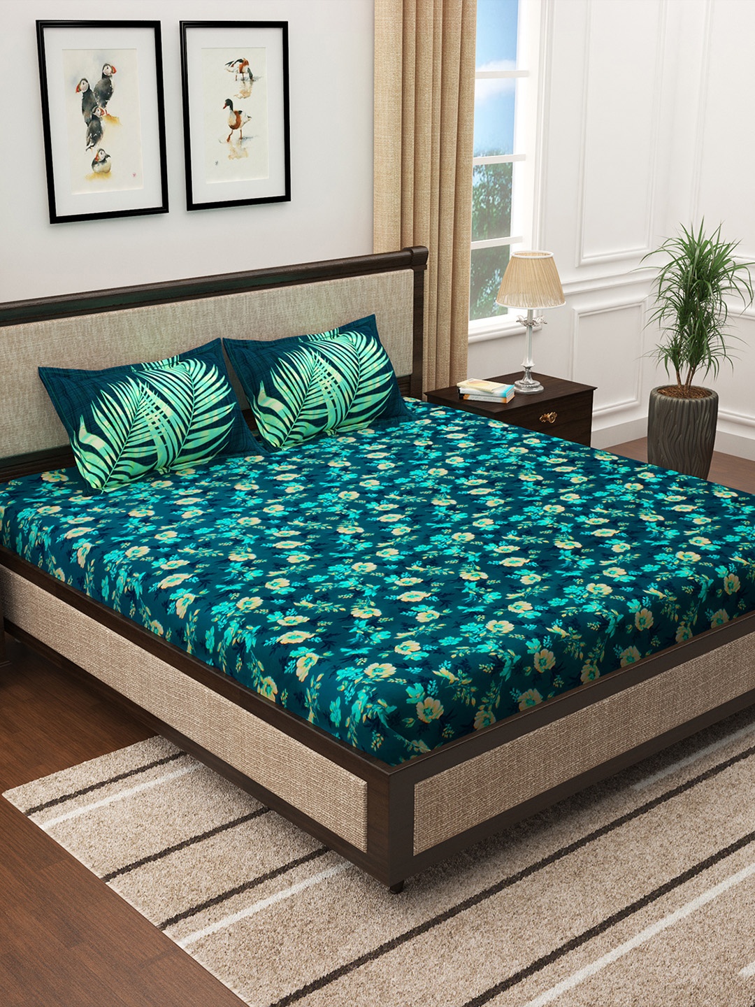 

Story home Teal Blue & Yellow Floral 300 TC King Bedsheet with 2 Pillow Covers