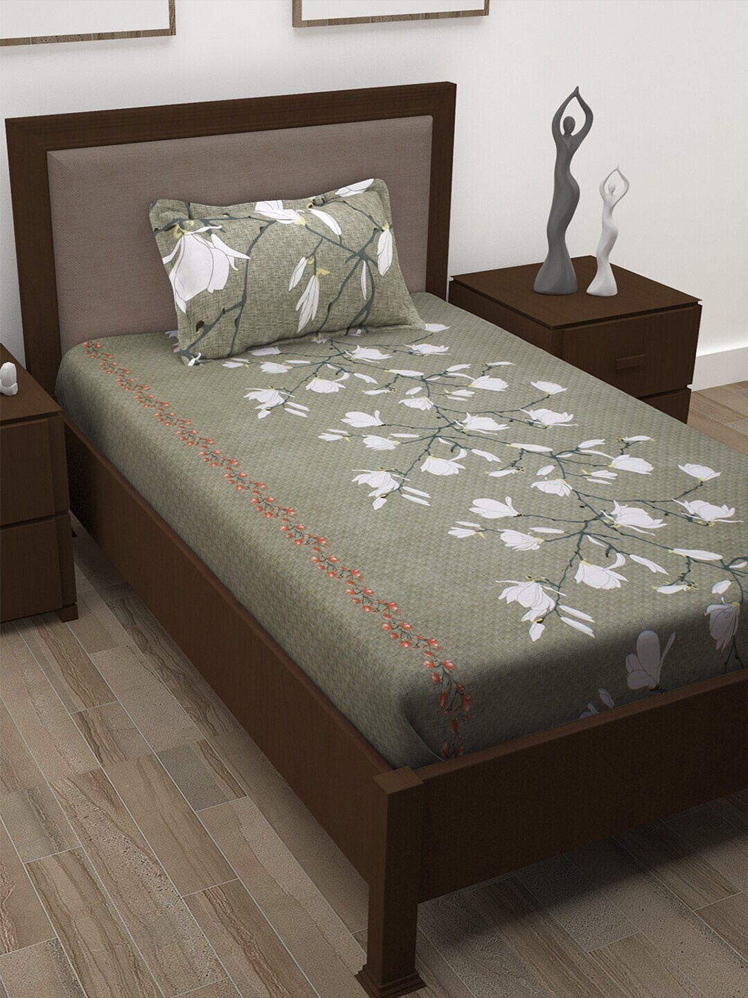 

Story@home Taupe & White Floral 186 TC Single Bedsheet with 1 Pillow Covers