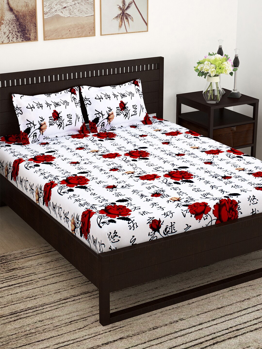 

Story home White & Red Floral 152 TC Queen Bedsheet with 2 Pillow Covers