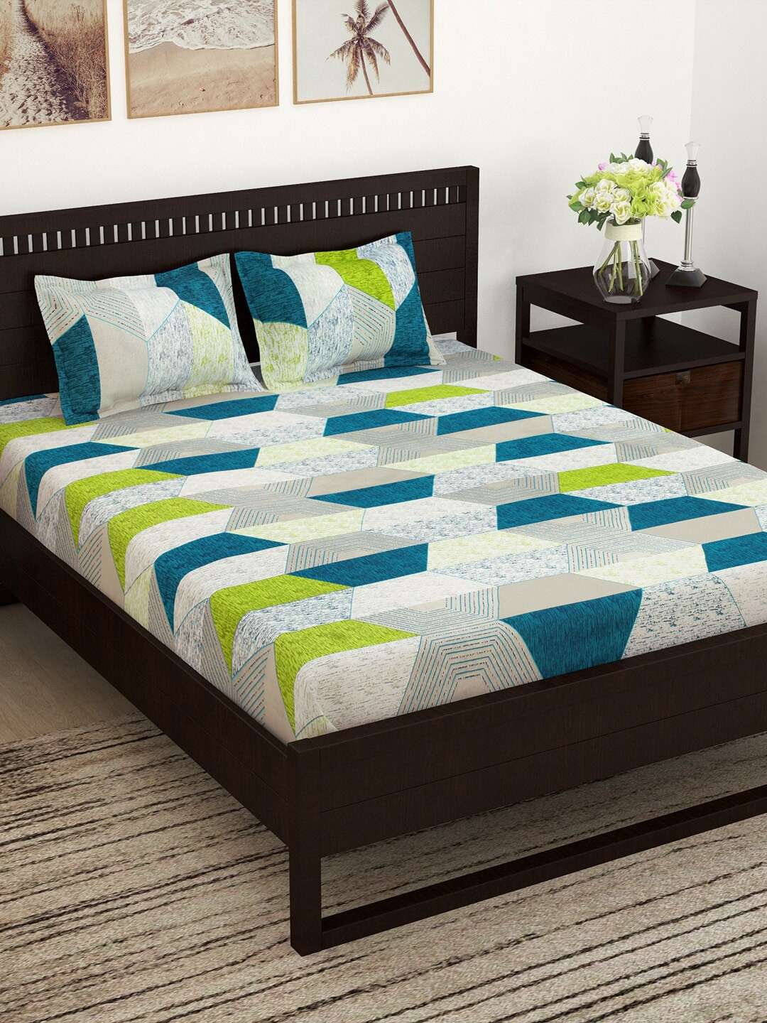 

Story@home Green Grey Geometric 144 TC Queen Bedsheet with 2 Pillow Covers