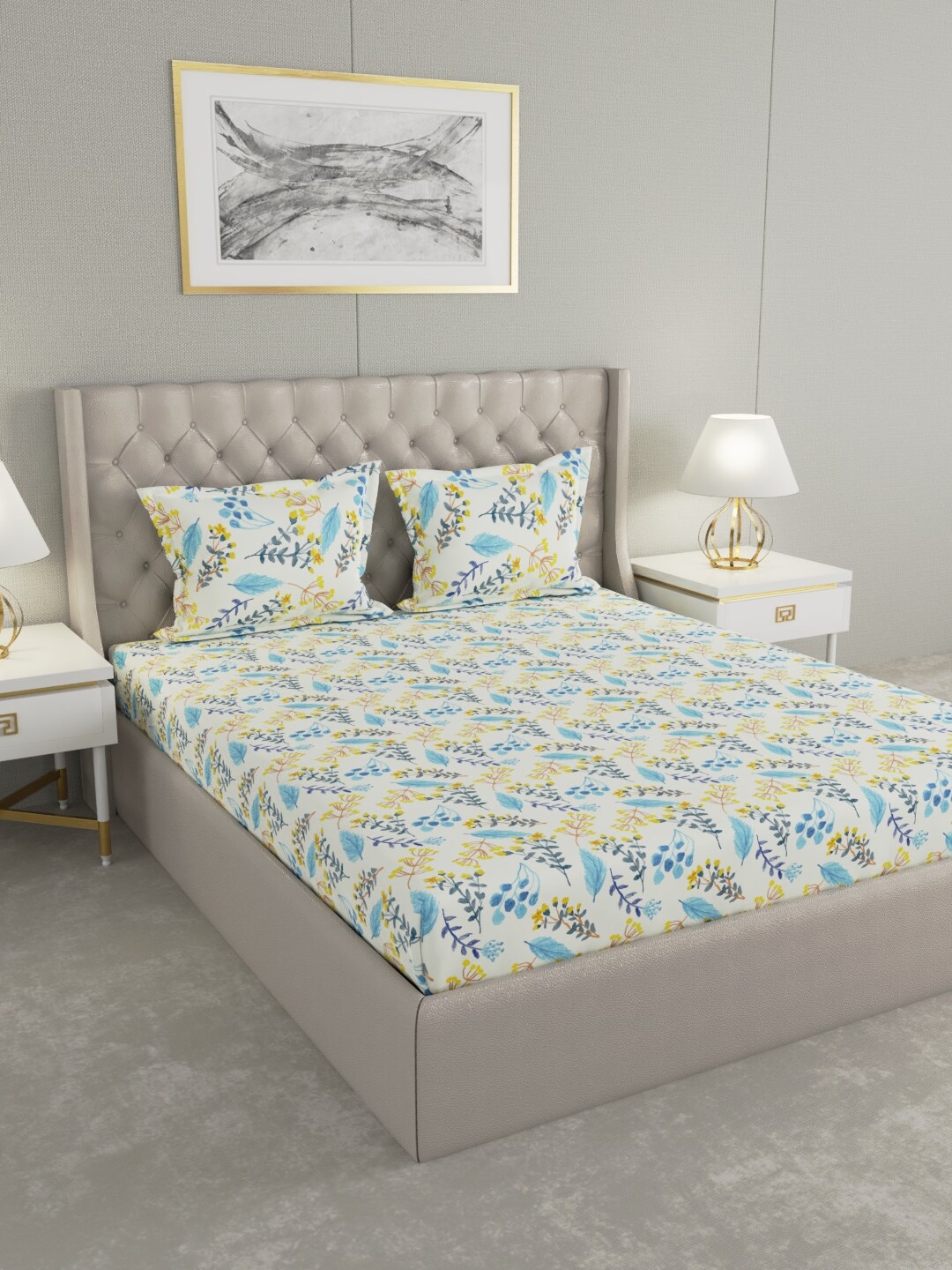 

Raymond Home White & Turquoise Blue Floral 120 TC Queen Bedsheet with 2 Pillow Covers