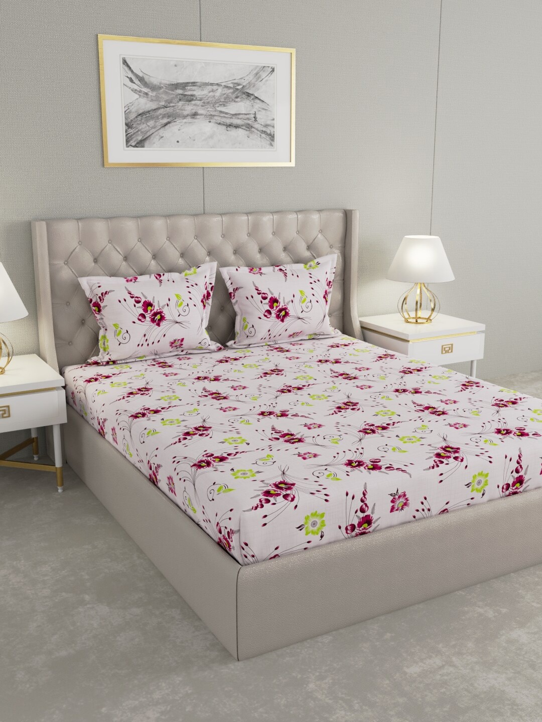 

Raymond Home White & Pink Floral 120 TC Queen Bedsheet with 2 Pillow Covers