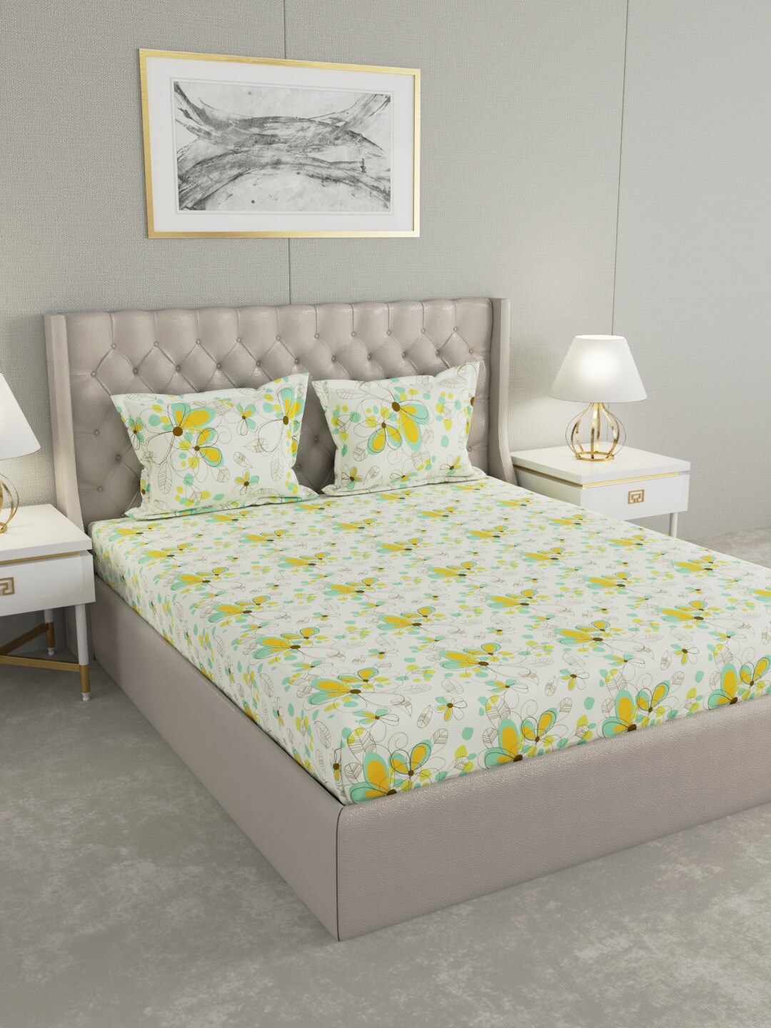 

Raymond Home White & Yellow Floral 120 TC Queen Bedsheet with 2 Pillow Covers