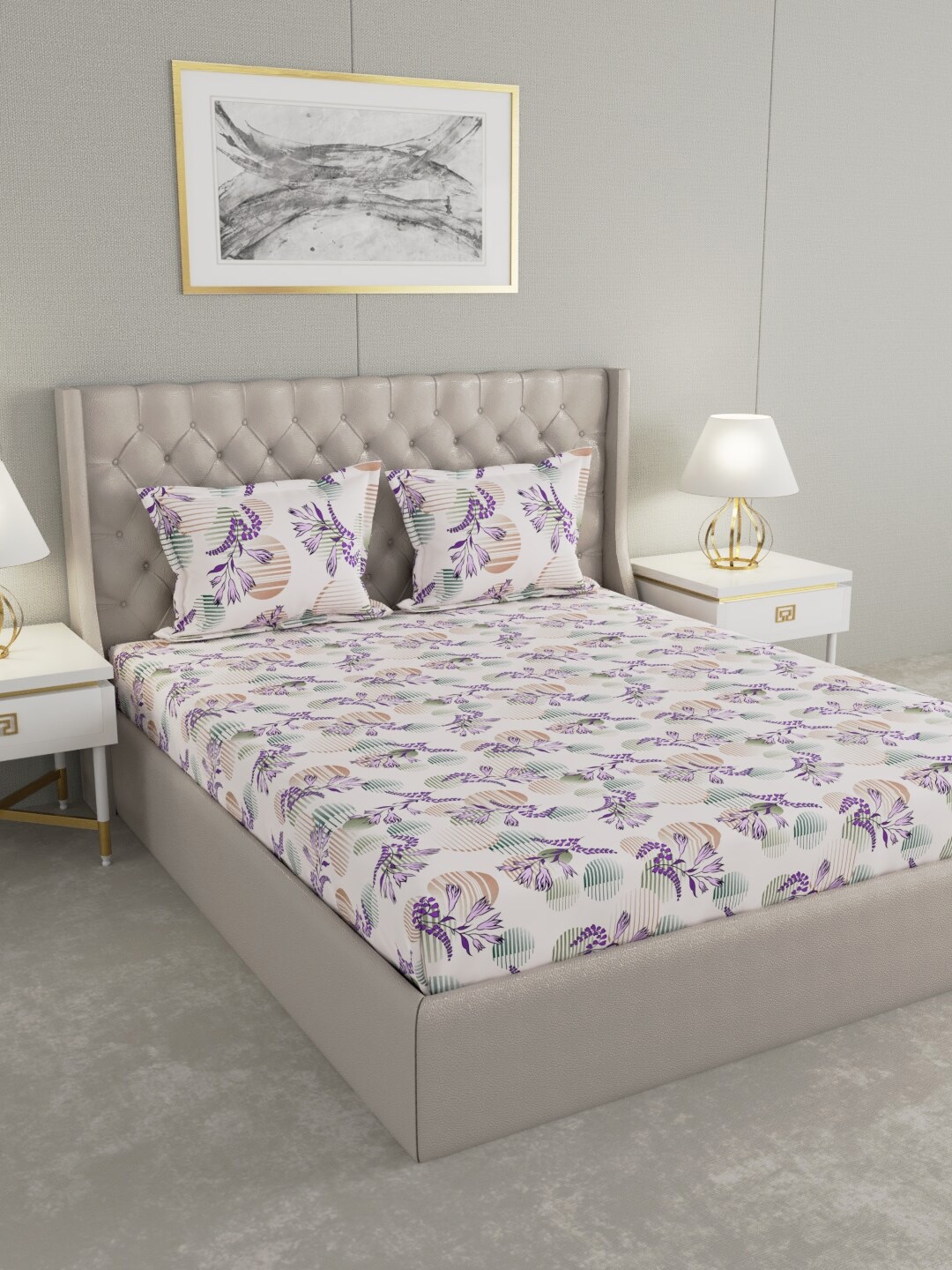 

Raymond Home Beige & Purple Floral 120 TC Queen Bedsheet with 2 Pillow Covers