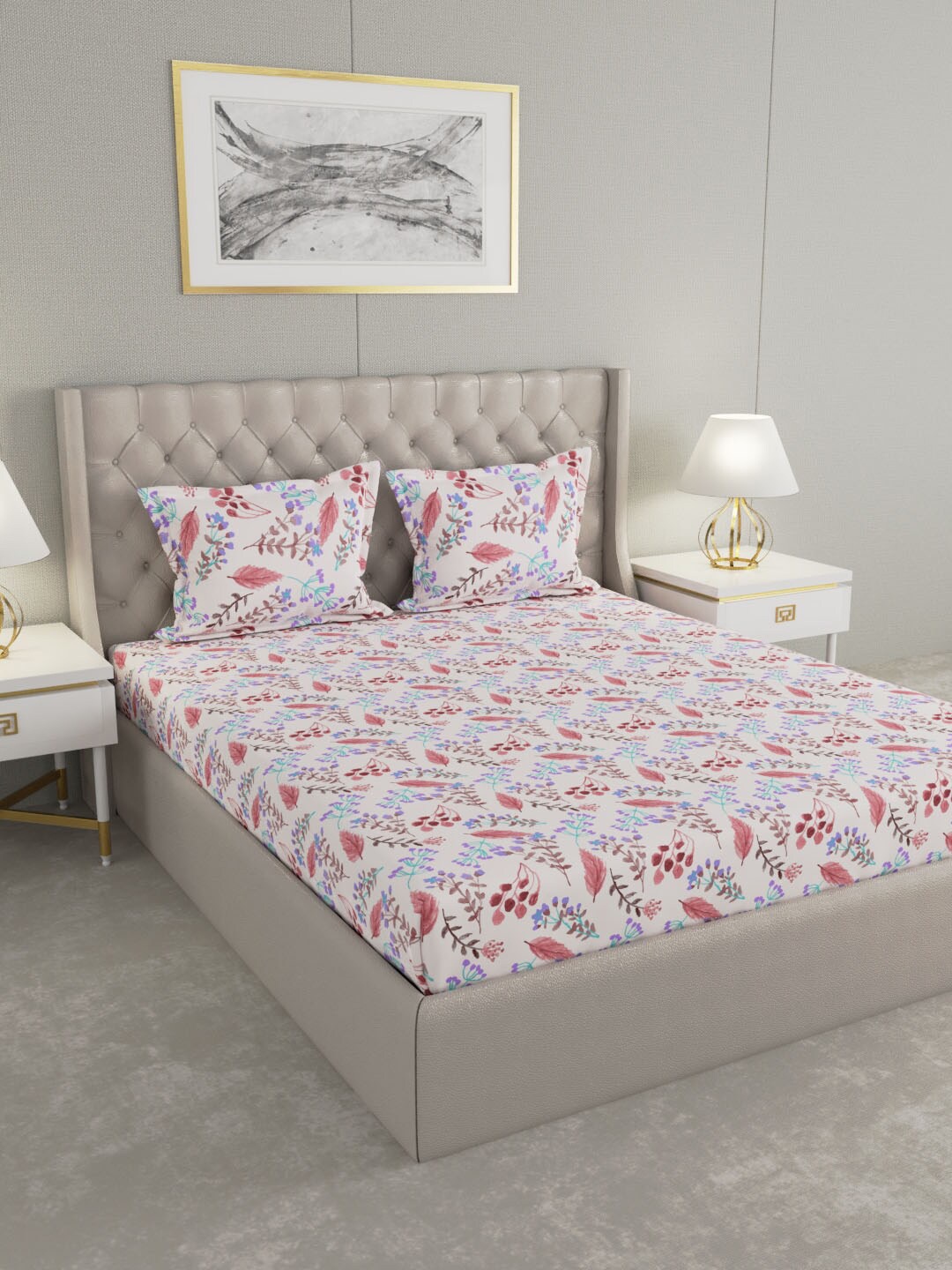 

Raymond Home White & Pink Floral 120 TC Queen Bedsheet with 2 Pillow Covers
