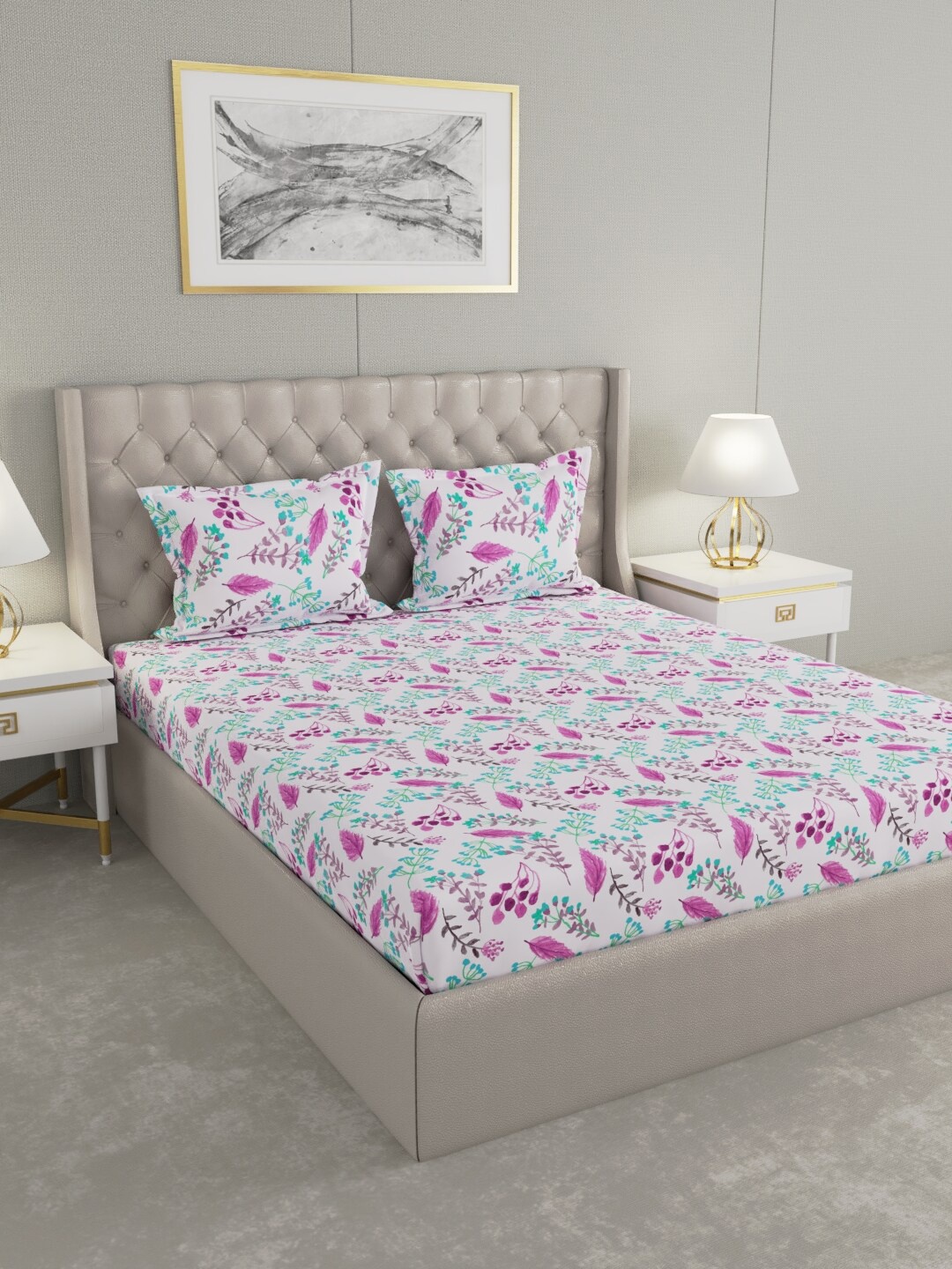 

Raymond Home White & Pink Floral 120 TC Queen Bedsheet with 2 Pillow Covers