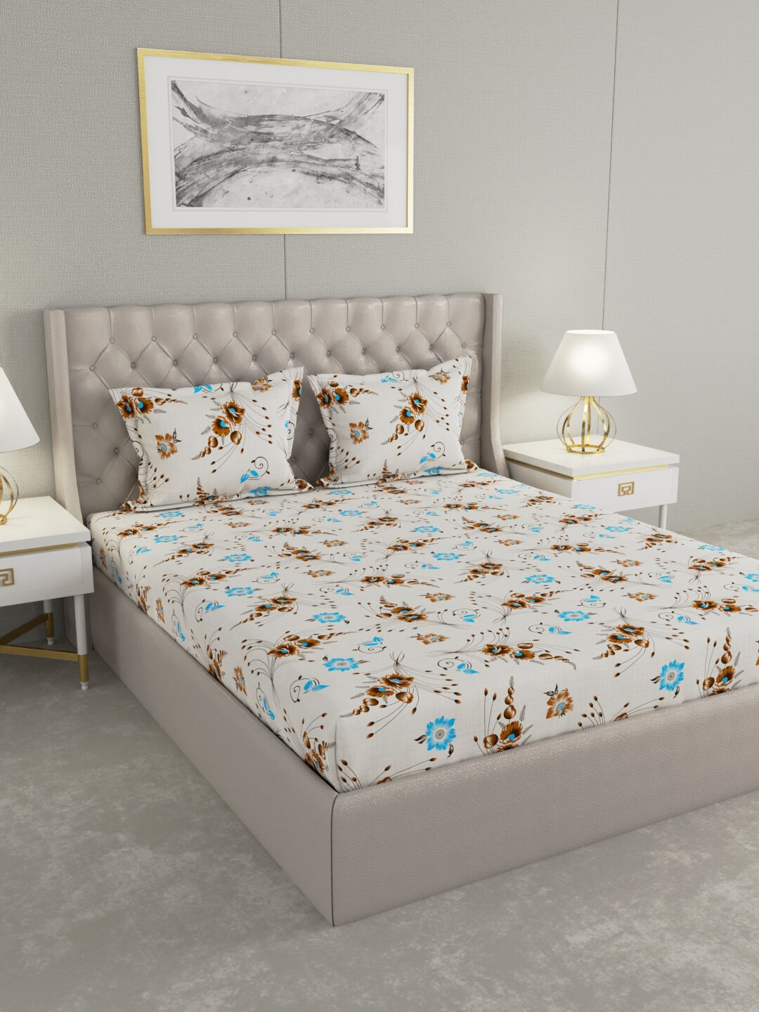 

Raymond Home White & Brown Floral 120 TC Queen Bedsheet with 2 Pillow Covers