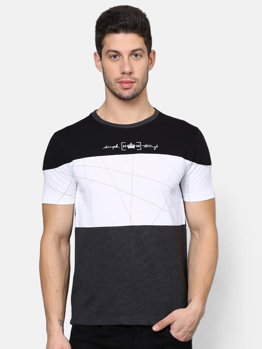 

V2 Value Variety Men Black White Colourblocked Monochrome Pure Cotton T-shirt