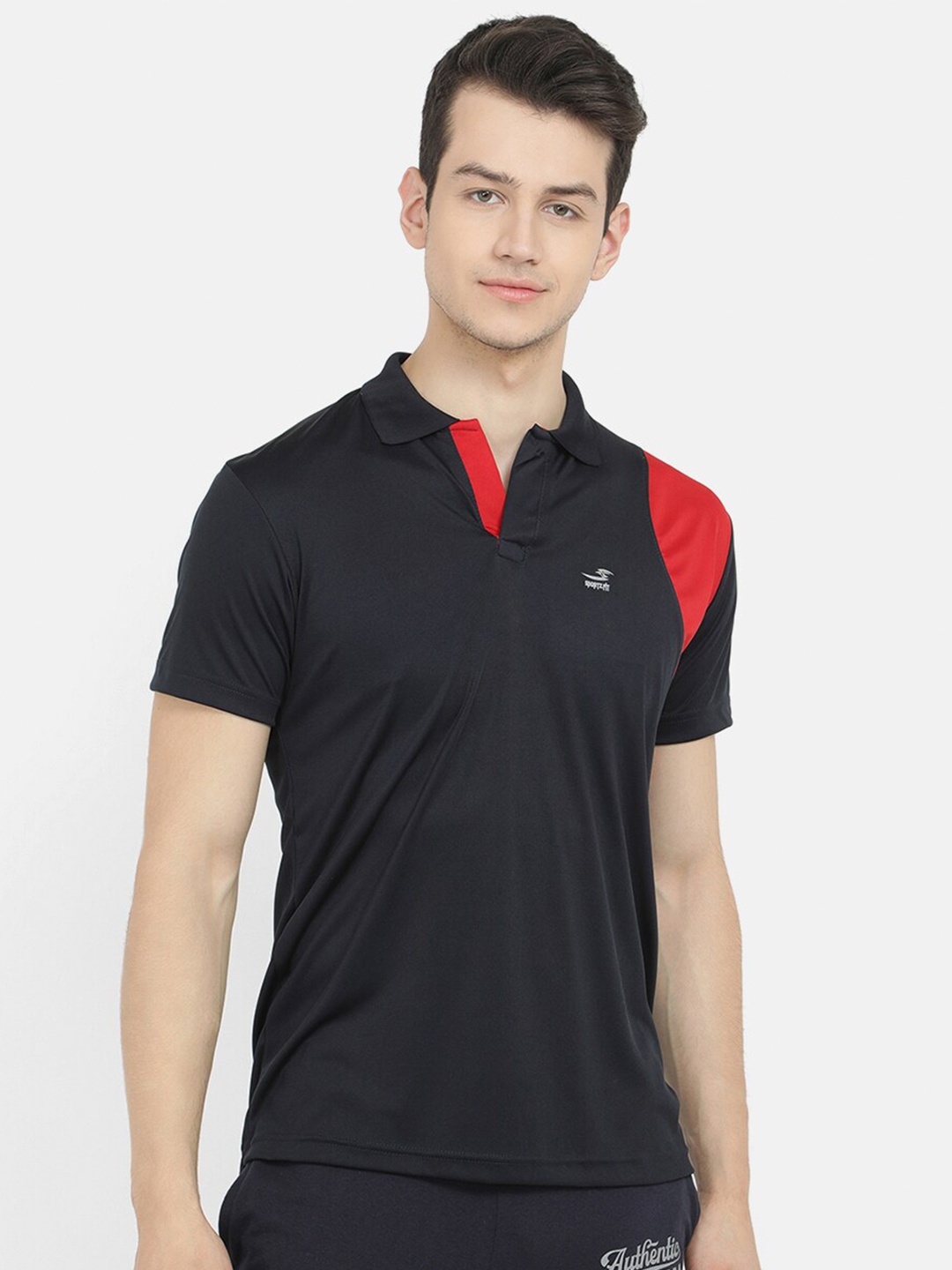 

V2 Value & Variety Men Navy Blue & Red Colourblocked Polo Collar T-shirt