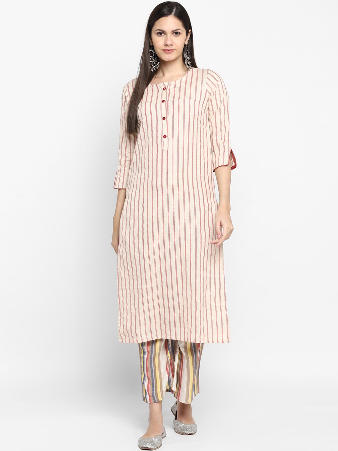 

VAABA Women Cream & Multi Coloured Striped Kurta with Trousers