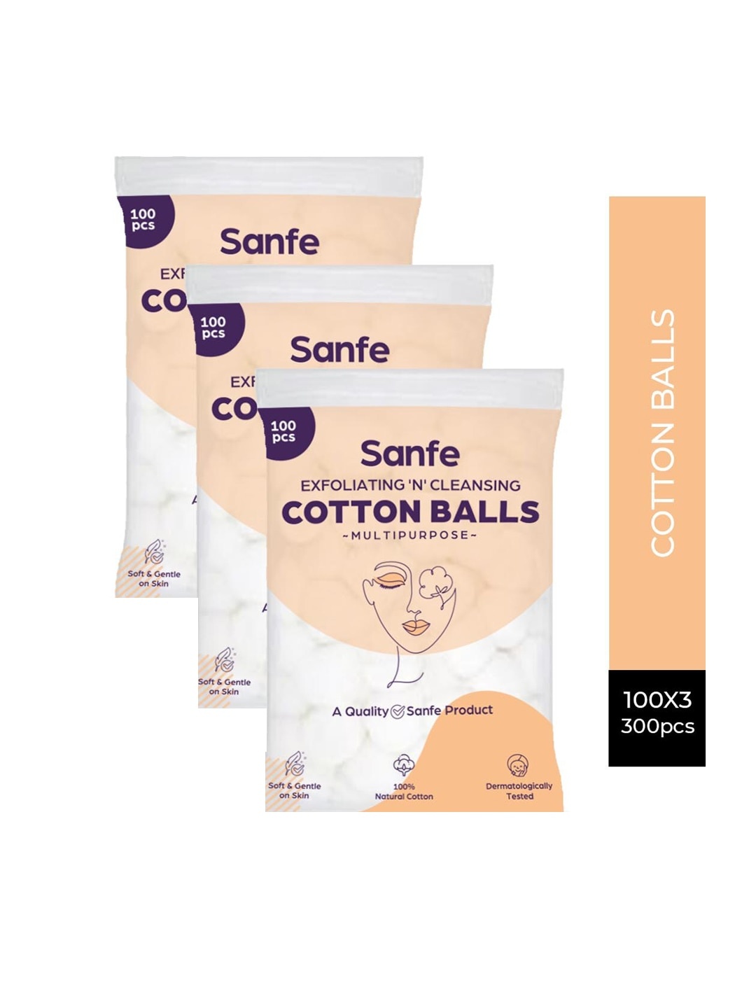 

Sanfe Woman Pack of 3 Multipurpose Exfoliating & Cleansing Cotton Balls (100 pcs Each), White