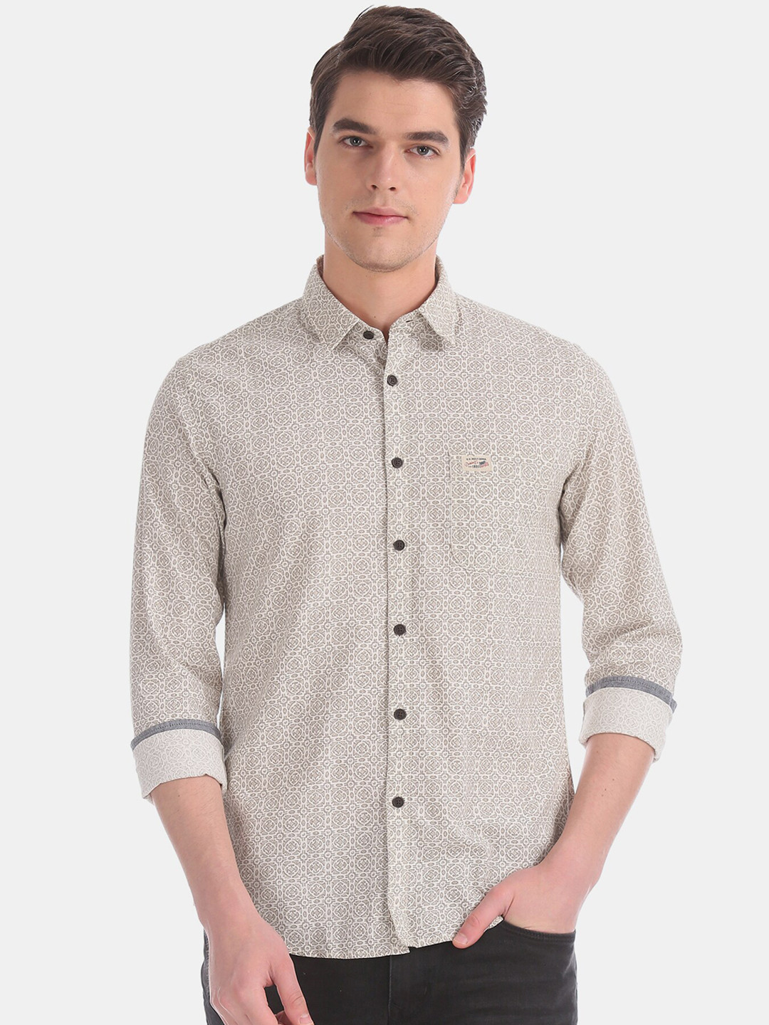 

U.S. Polo Assn. Denim Co. Men Beige Cotton Slim Fit Geometric Printed Casual Shirt