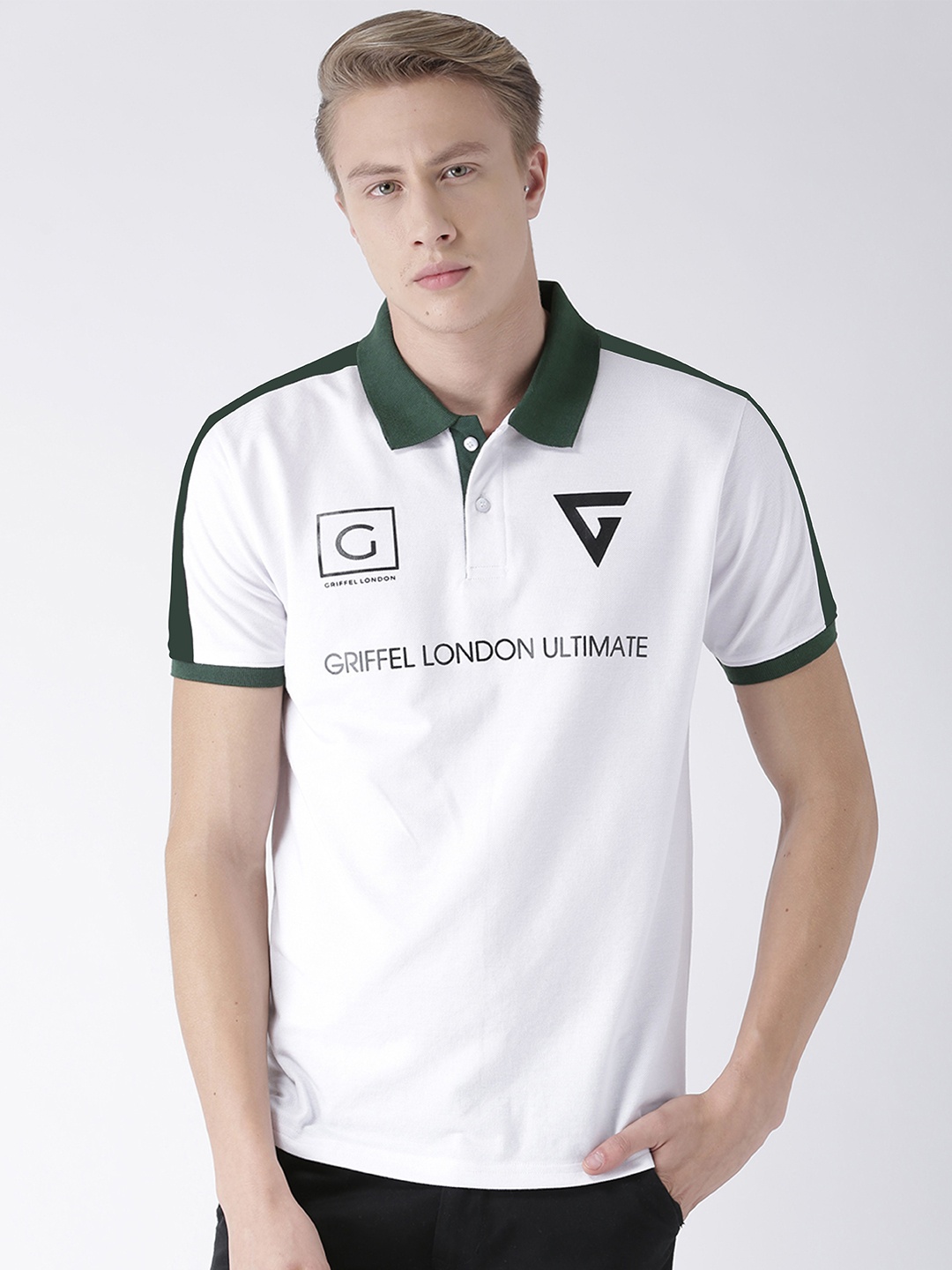 

GRIFFEL Men White and Green Typography Printed Polo Collar T-shirt
