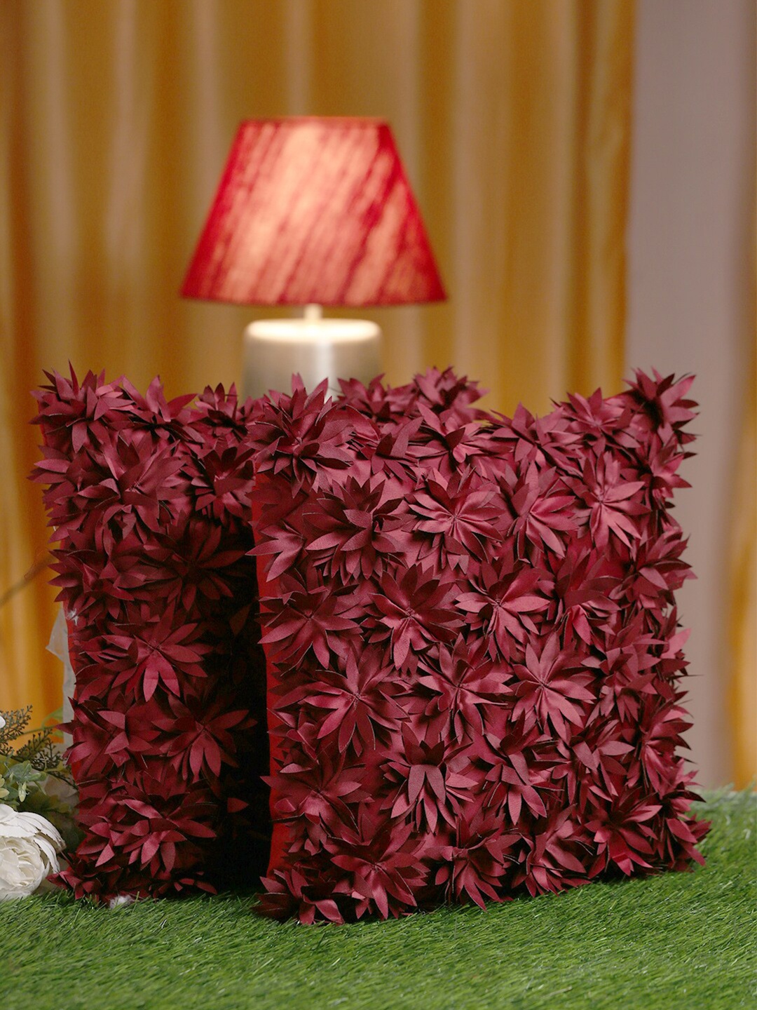 

HOSTA HOMES Maroon Set of 2 Floral Square Cushion Covers