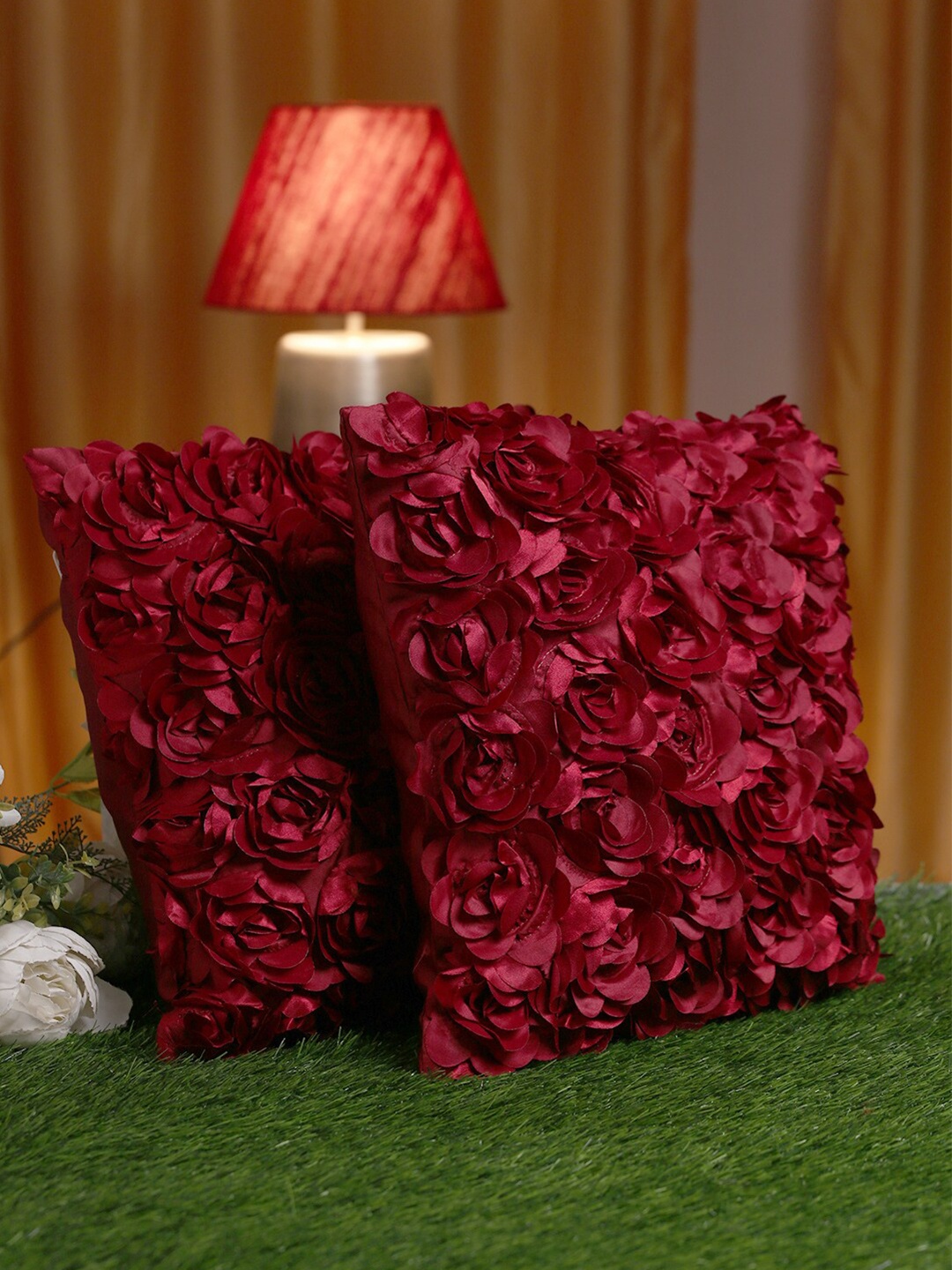 

HOSTA HOMES Maroon Set of 2 Floral Square Cushion Covers