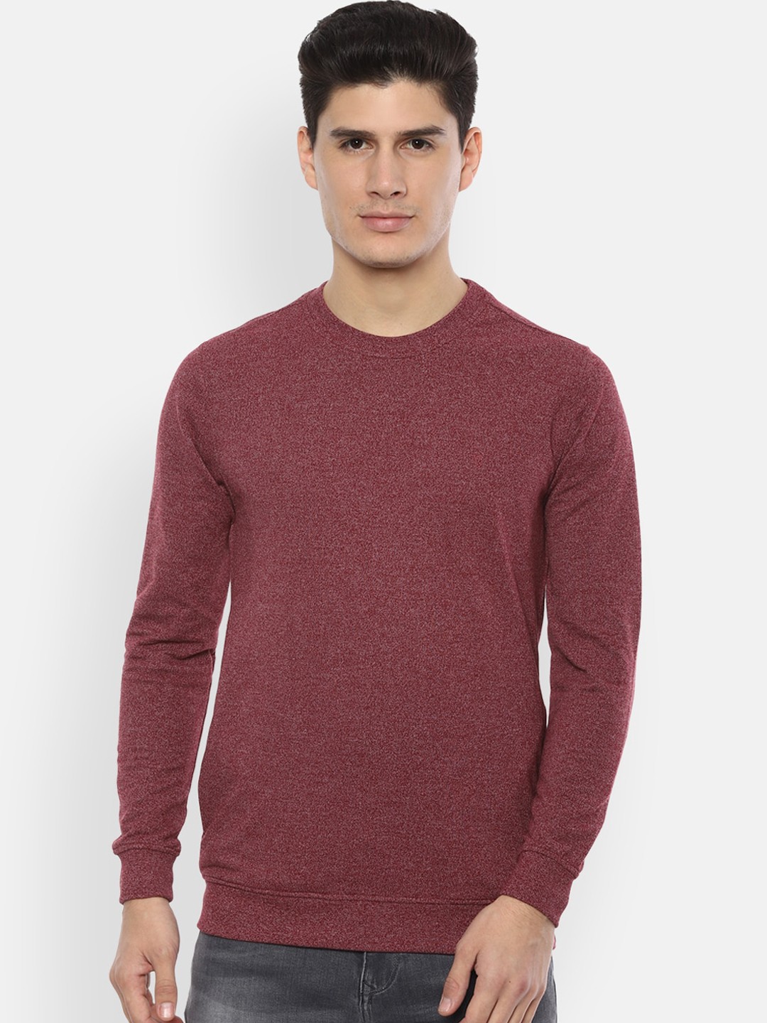 

V Dot Men Maroon Solid Round Neck Sweatshirt