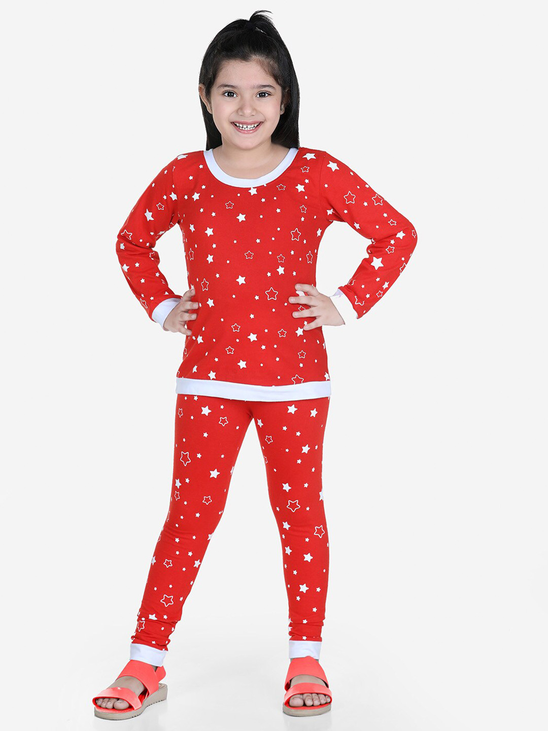 

Naughty Ninos Girls Red & White Printed Night Suit