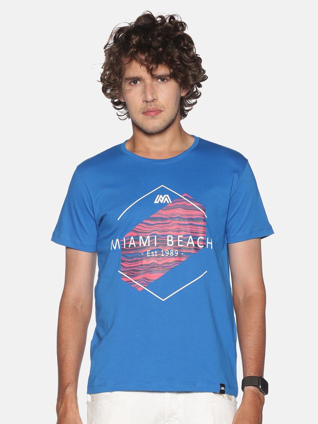 

MASH UNLIMITED Men Blue & Coral Typography Printed Slim Fit T-shirt