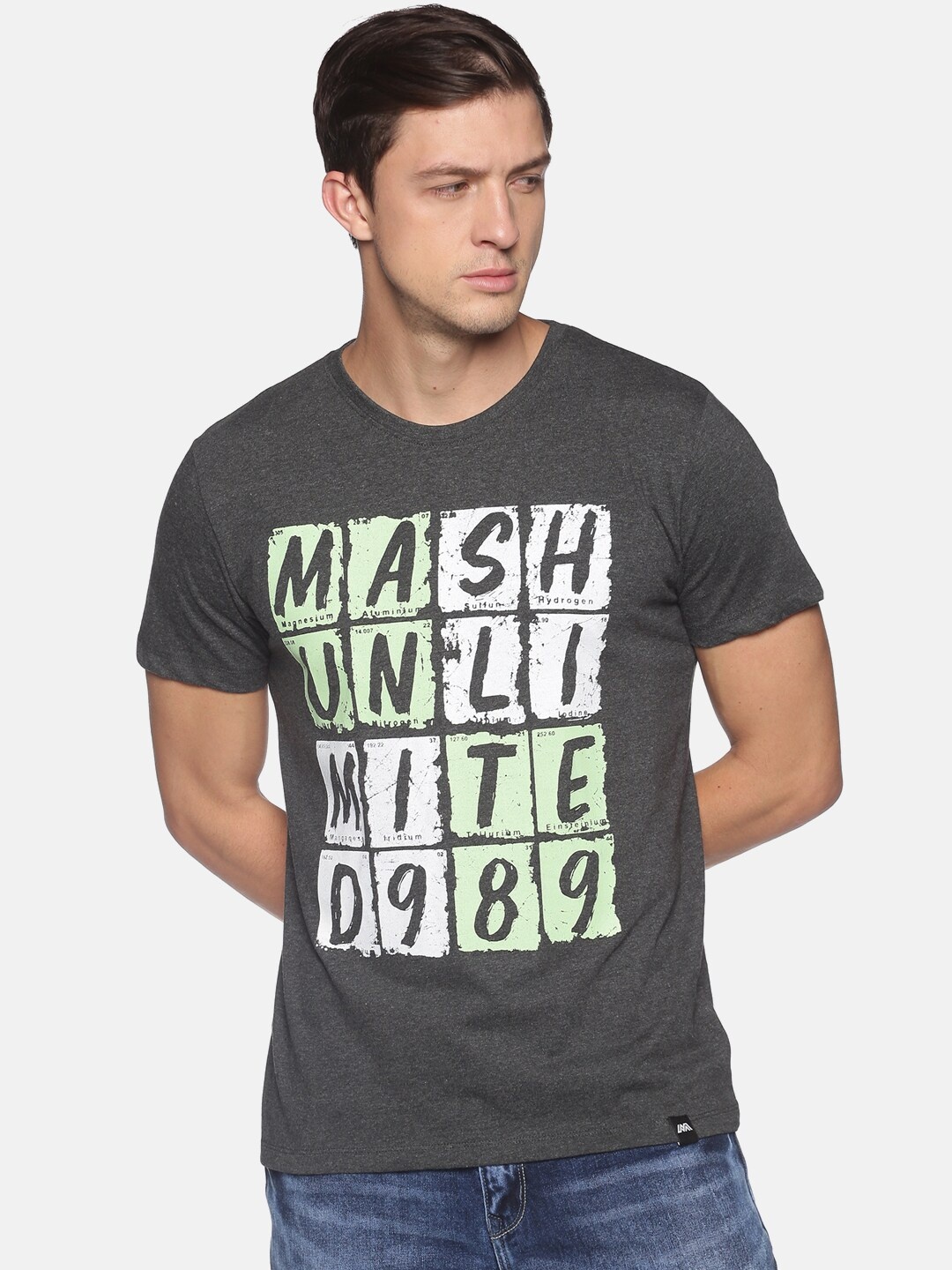 

MASH UNLIMITED Men Grey Typography Printed Raw Edge Slim Fit Pure Cotton T-shirt