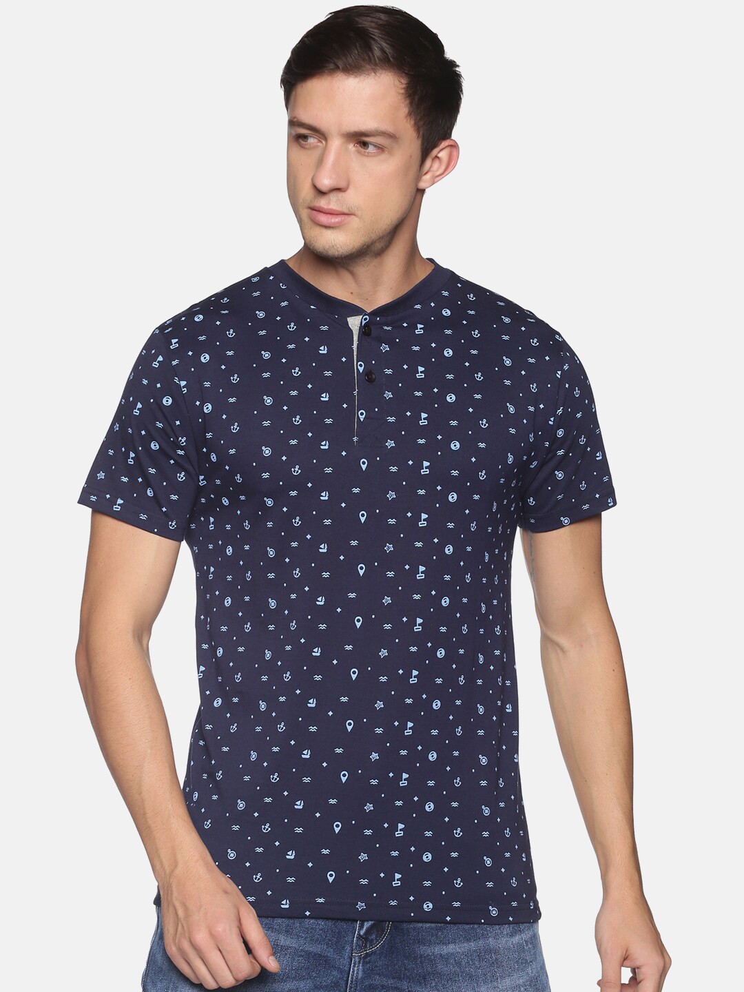 

MASH UNLIMITED Men Navy Blue Printed Henley Neck Slim Fit Pure Cotton T-shirt