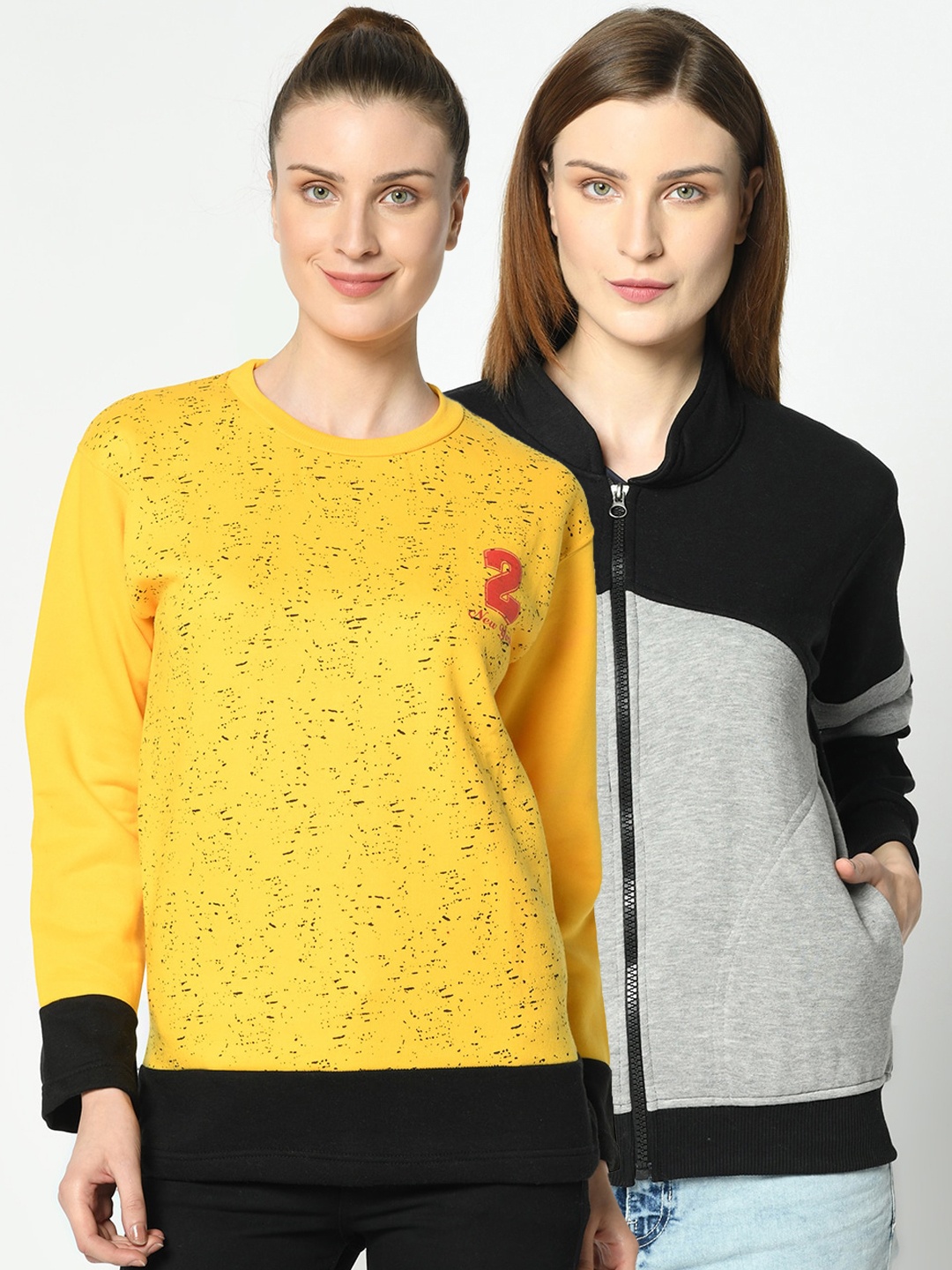 

VIMAL JONNEY Women Pack of 2 Grey and Yellow Colourblocked Sweatshirts