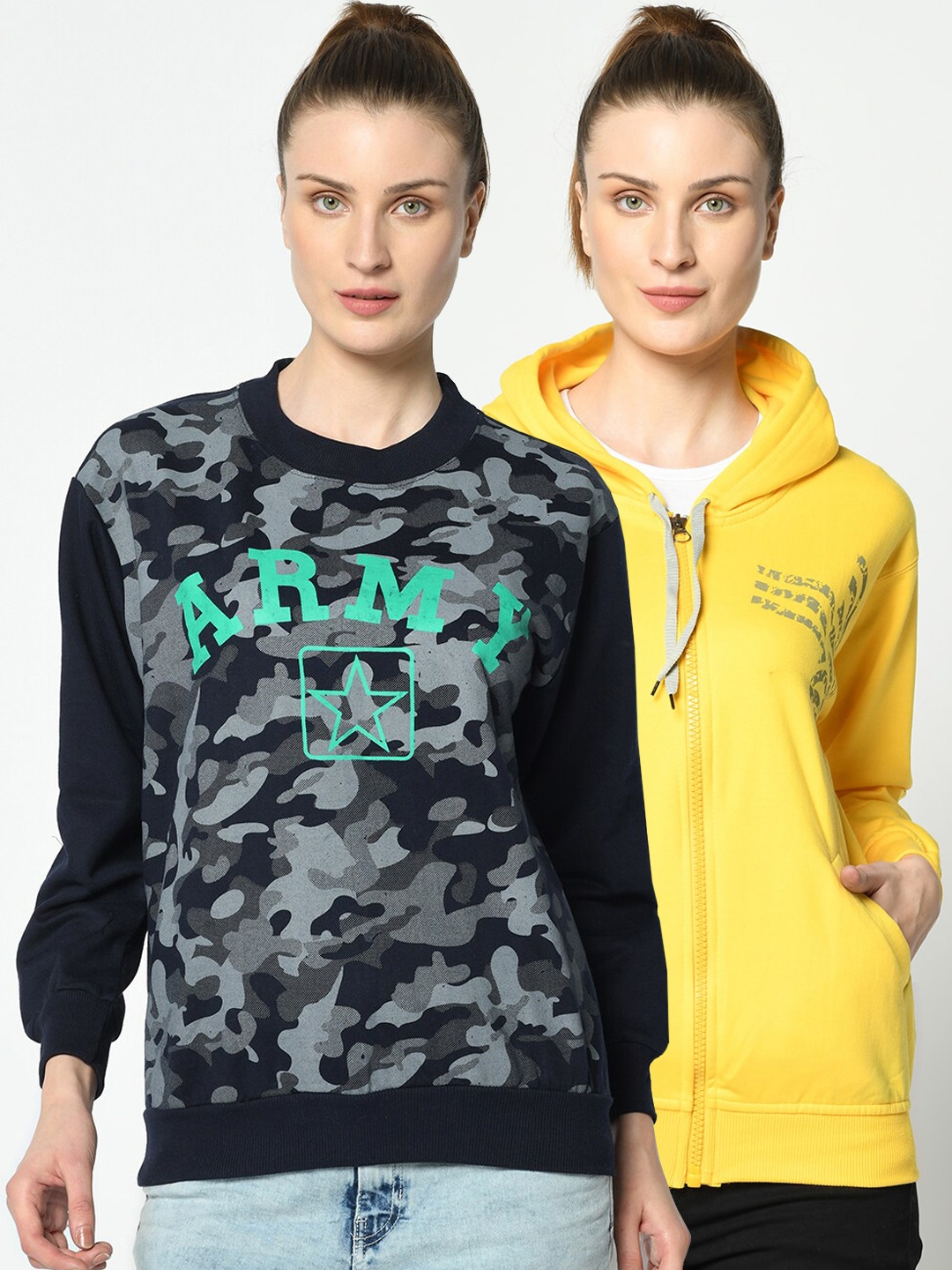 

VIMAL JONNEY Women Yellow and Navy Blue Pack of 2 Printed Sweatshirts