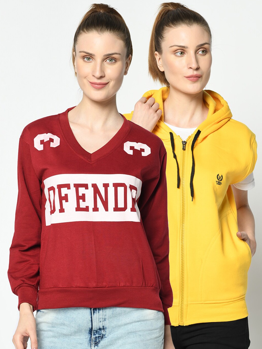 

VIMAL JONNEY Women Pack of 2 Maroon and Yellow Sweatshirts