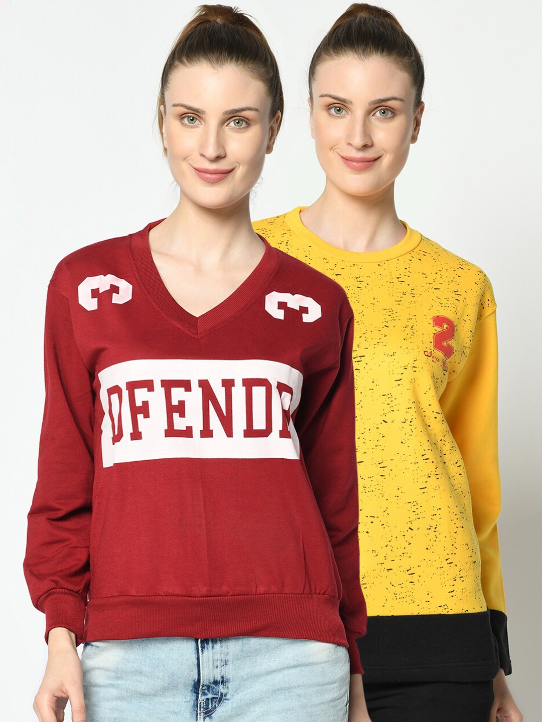 

VIMAL JONNEY Women Pack of 2 Maroon and Yellow Sweatshirts