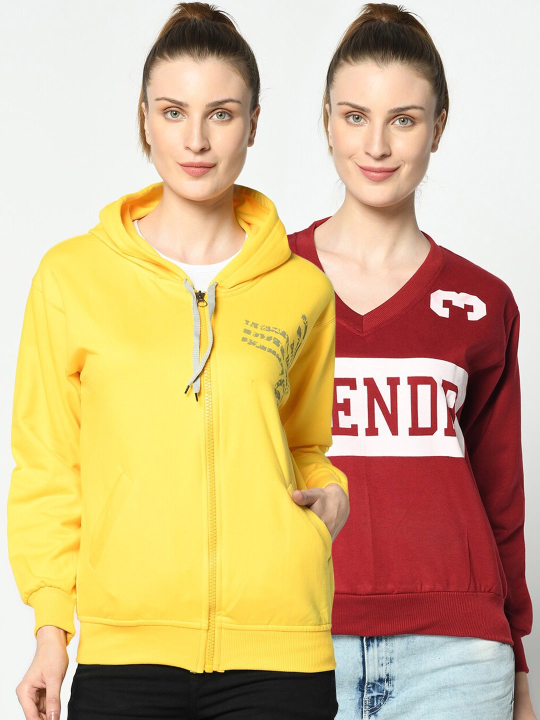 

VIMAL JONNEY Women Pack of 2 Maroon and Yellow Sweatshirts