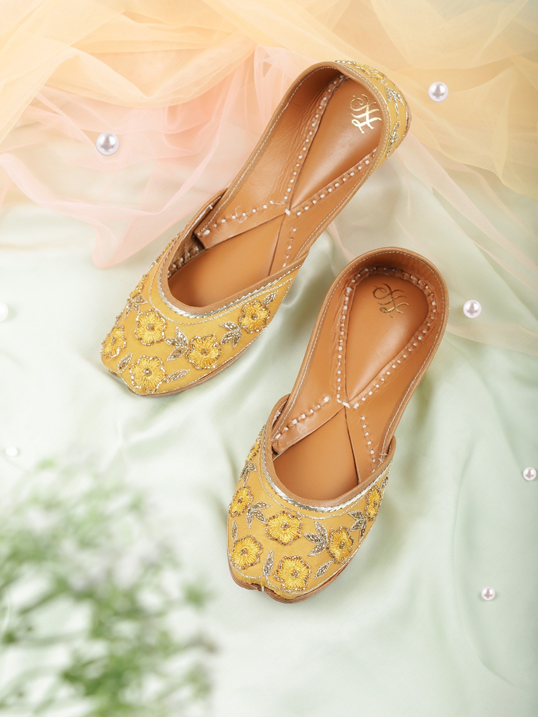 

House of Pataudi Women Mustard Yellow Embellished Handcrafted Mojaris