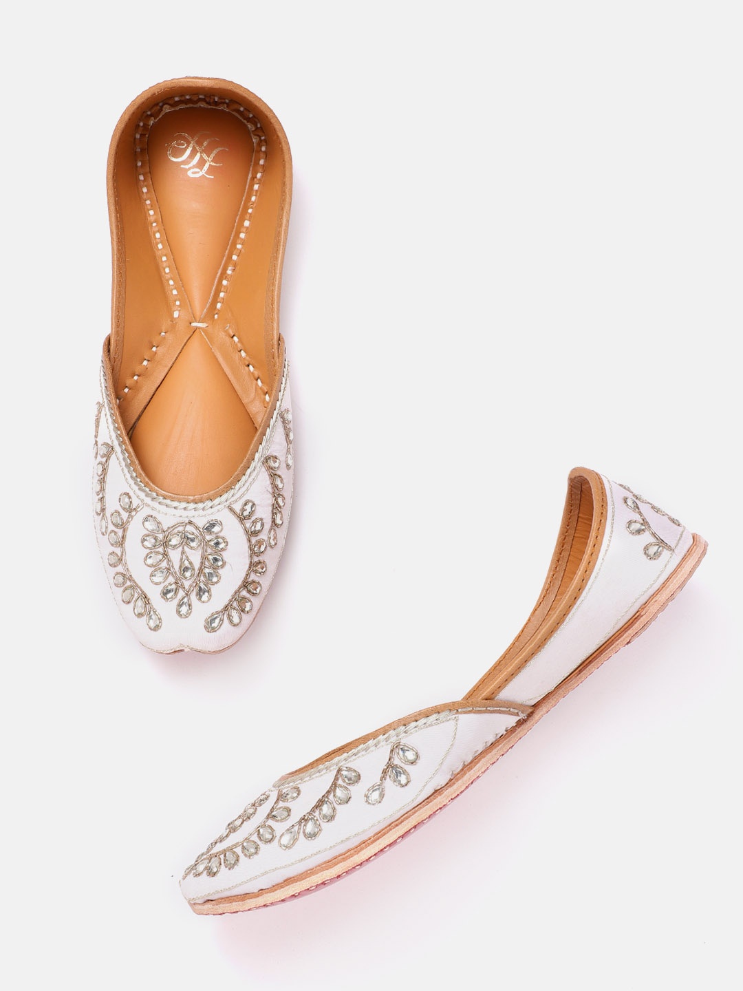 

House of Pataudi Women Off-White & Gold-Toned Embellished Leather Handcrafted Mojaris