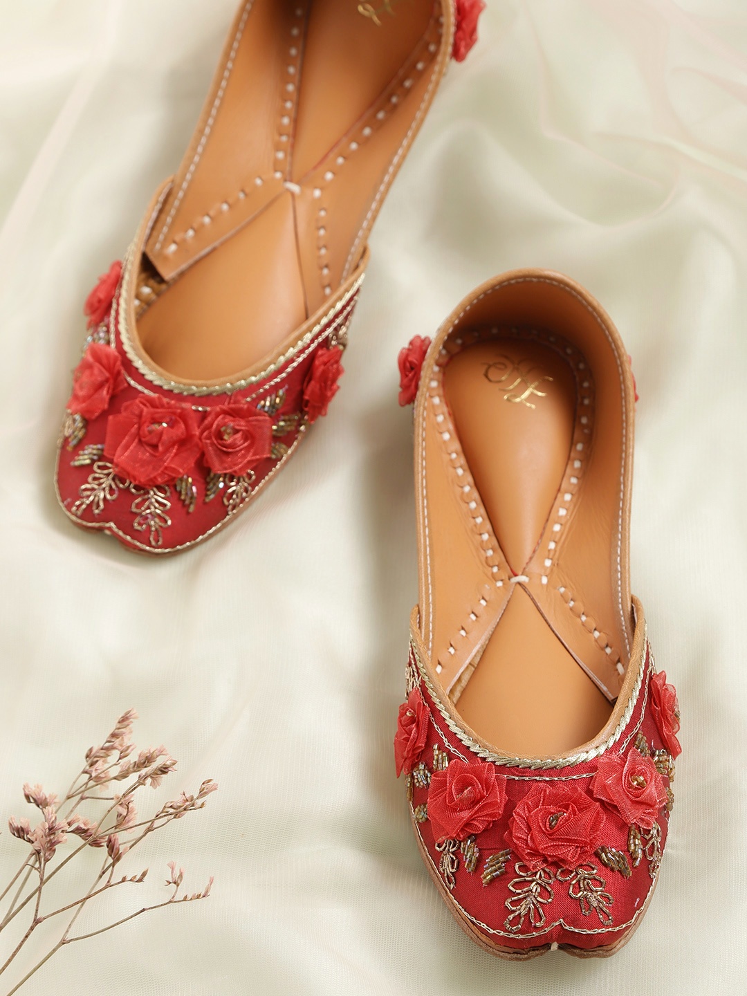 

House of Pataudi Women Maroon Stone & Floral Embellished Handcrafted Ballerinas