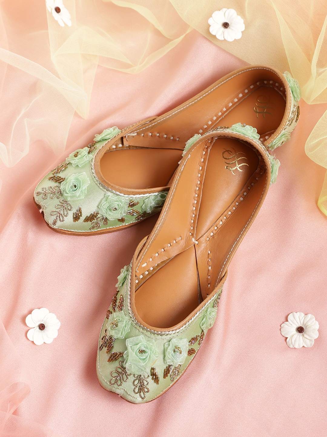 

House of Pataudi Women Sage Green Stone Embellished Handcrafted Ballerinas